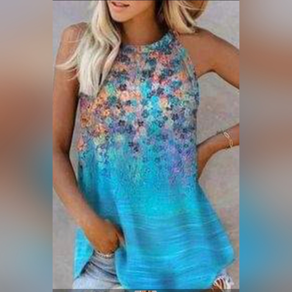 2X Blue Watercolor Print Tank Worn Once